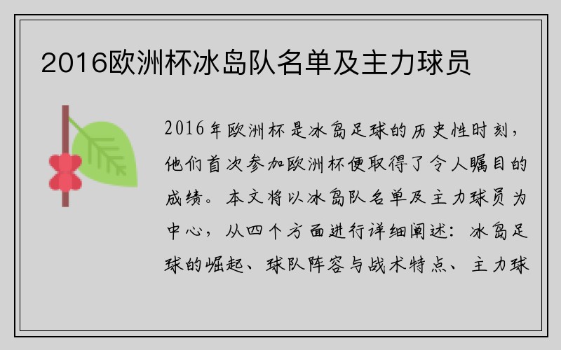 2016欧洲杯冰岛队名单及主力球员