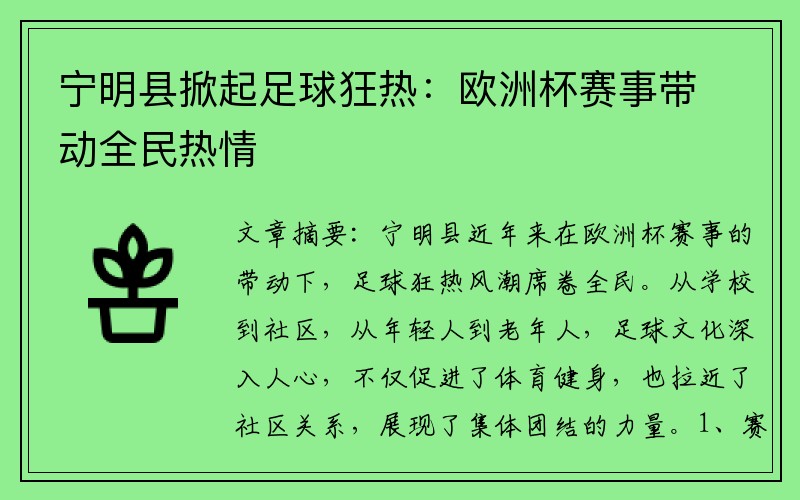 宁明县掀起足球狂热：欧洲杯赛事带动全民热情